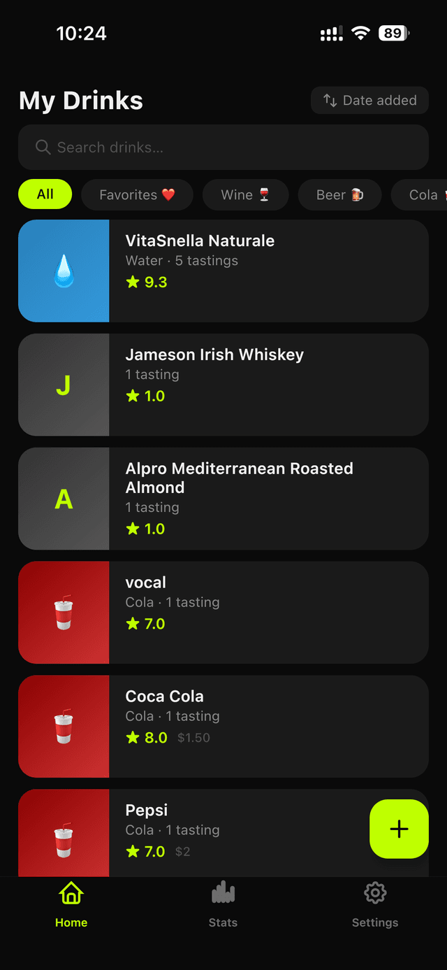Drinkist home screen with rated drinks