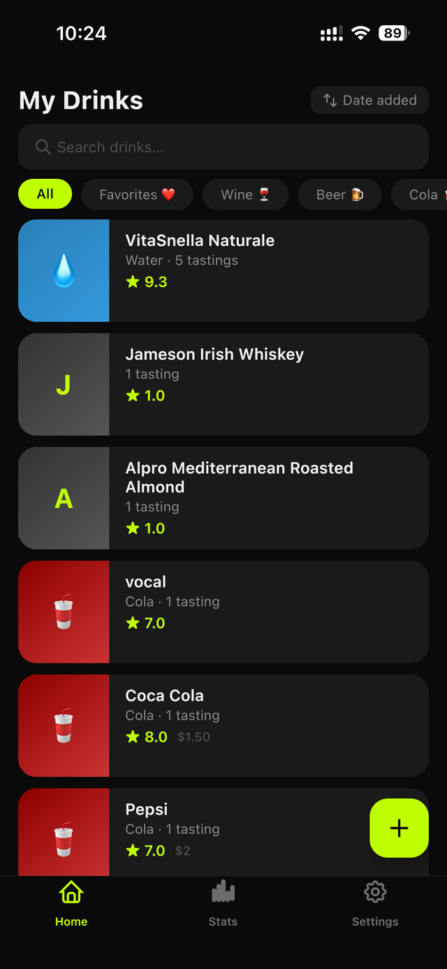 Drinkist home screen with rated drinks