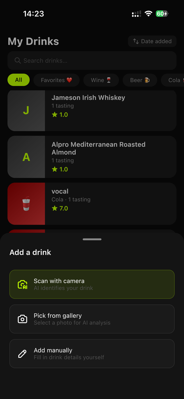 Drinkist add-a-drink sheet with AI camera scan
